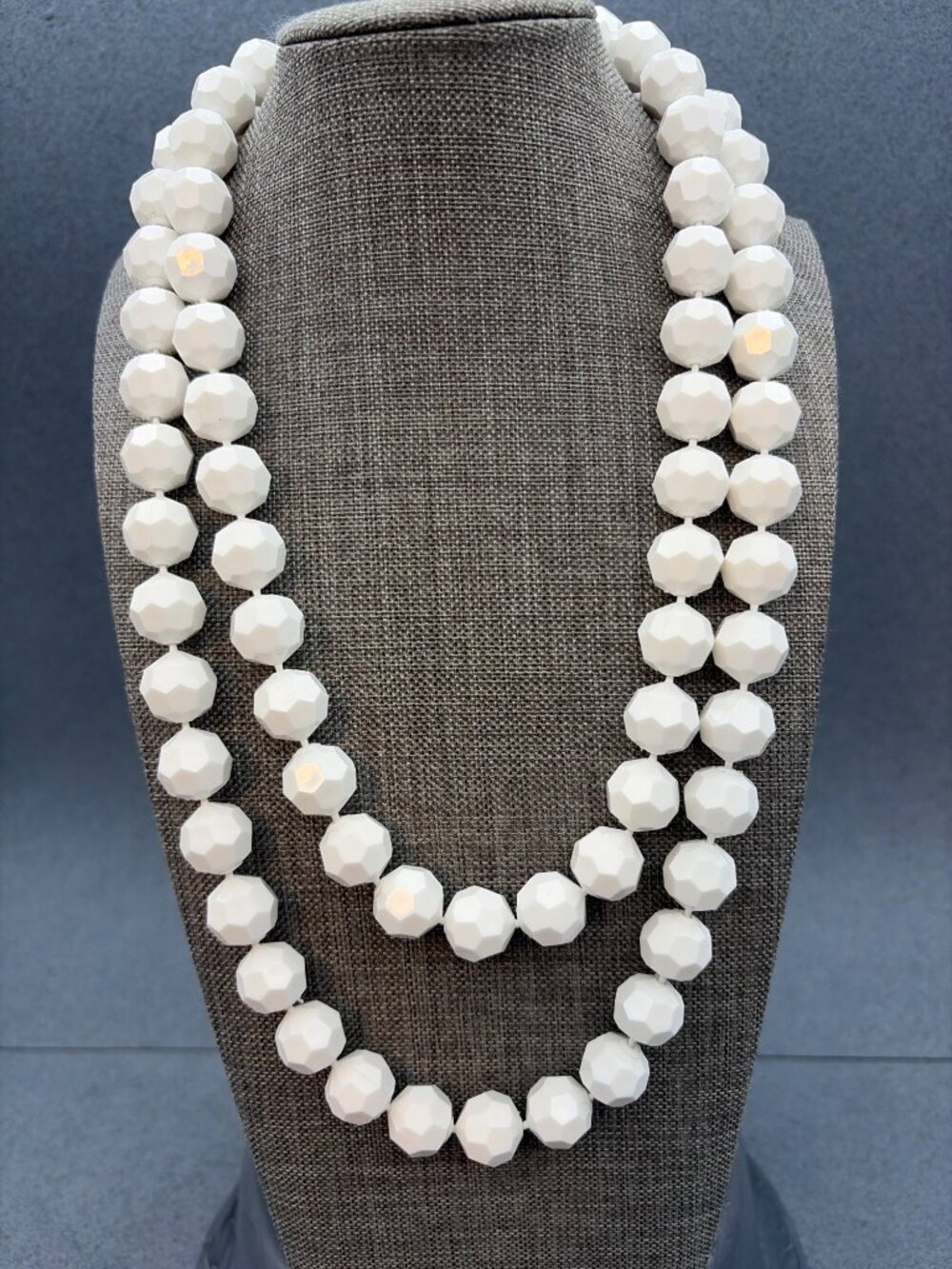 VTG Pop Bead Necklace White 20 In Double-Strand Adjustable Gold Clasp Retro Glam